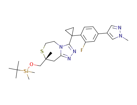 Molecular Structure of 1403396-90-6 ((8R)-8-({[tert-butyl(dimethyl)silyl]oxy}methyl)-3-{1-[2-fluoro-4-(1-methyl-1H-pyrazol-4-yl)phenyl]cyclopropyl}-8-methyl-5,6,8,9-tetrahydro[1,2,4]triazolo[4,3-d][1,4]thiazepine)