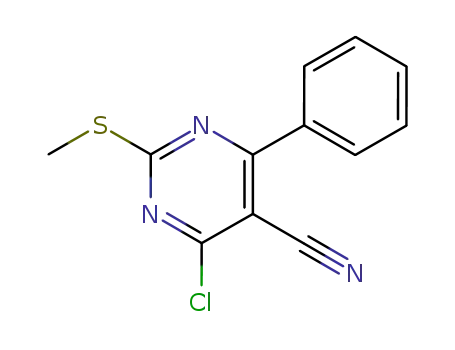 Molecular Structure of 124598-28-3 (4-CHLORO-2-(METHYLSULFANYL)-6-PHENYL-5-PYRIMIDINECARBONITRILE)