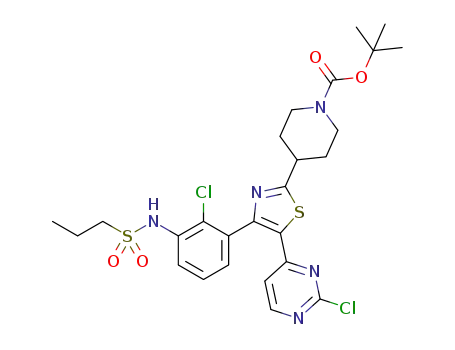 Molecular Structure of 1307272-73-6 (1,1-dimethylethyl 4-[4-{2-chloro-3-[(propylsulfonyl)amino]phenyl}-5-(2-chloro-4-pyrimidinyl)-1,3-thiazol-2-yl]-1-piperidinecarboxylate)