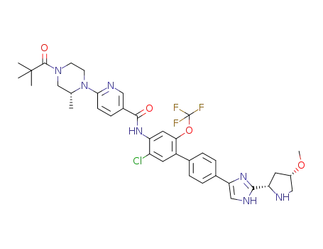 Molecular Structure of 1433946-60-1 (N-{5-chloro-4'-[2-((2S,4S)-4-methoxy-pyrrolidin-2-yl)-1H-imidazol-4-yl]-2-trifluoromethoxy-biphenyl-4-yl}-6-[(R)-4-(2,2-dimethyl-propionyl)-2-methyl-piperazin-1-yl]-nicotinamide)