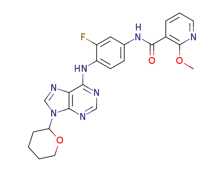 Molecular Structure of 1428155-20-7 (N-(3-fluoro-4-(9-(tetrahydro-2H-pyran-2-yl)-9H-purin-6-ylamino)phenyl)-2-methoxypyridine-3-carboxamide)