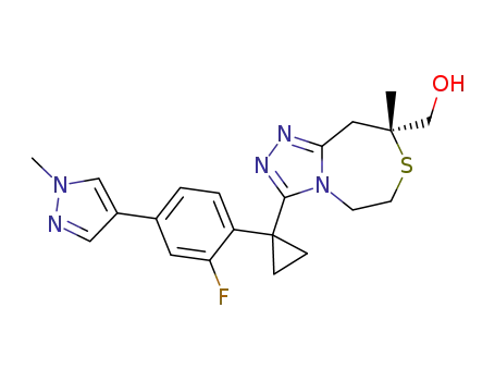 Molecular Structure of 1403395-86-7 ({(8R)-3-{1-[2-fluoro-4-(1-methyl-1H-pyrazol-4-yl)phenyl]cyclopropyl}-8-methyl-5,6,8,9-tetrahydro[1,2,4]triazolo[4,3-d][1,4]thiazepin-8-yl}methanol)