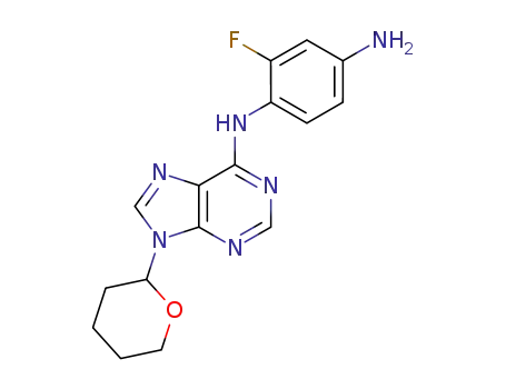 Molecular Structure of 1428155-04-7 (2-fluoro-N<sub>1</sub>-(9-(tetrahydro-2H-pyran-2-yl)-9H-purin-6-yl)benzene-1,4-diamine)