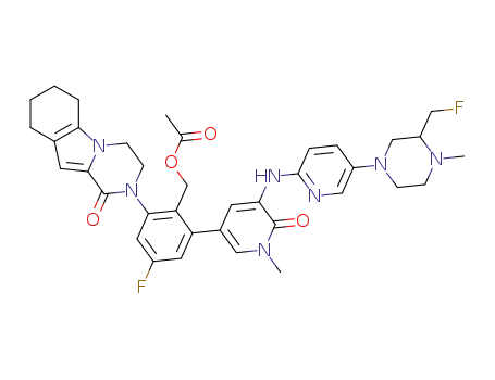 Molecular Structure of 1346676-93-4 (4-fluoro-2-(5-(5-(3-(fluoromethyl)-4-methylpiperazin-1-yl)pyridin-2-ylamino)-1-methyl-6-oxo-1,6-dihydropyridin-3-yl)-6-(1-oxo-3,4,6,7,8,9-hexa-hydropyrazino[1,2-a]indol-2(1H)-yl)benzyl acetate)