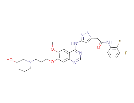 Molecular Structure of 557770-38-4 (1H-Pyrazole-3-acetamide,
N-(2,3-difluorophenyl)-5-[[7-[3-[(2-hydroxyethyl)propylamino]propoxy]-6-
methoxy-4-quinazolinyl]amino]-)