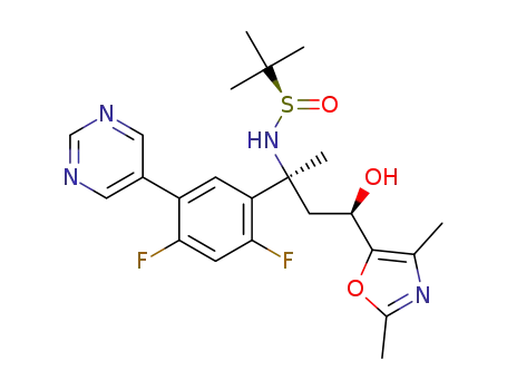 Molecular Structure of 1616100-76-5 ((R)-N-((2S,4R)-2-(2,4-difluoro-5-(pyrimidin-5-yl)phenyl)-4-(2,4-dimethyloxazol-5-yl)-4-hydroxybutan-2-yl)-2-methylpropane-2-sulfinamide)