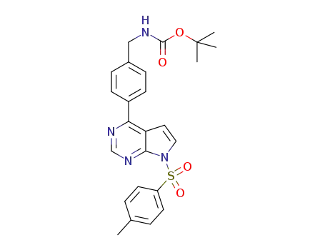 Molecular Structure of 1607005-81-1 ({4-[7-(toluene-4-sulfonyl)-7H-pyrrolo[2,3-d]pyrimidin-4-yl]benzyl}carbamic acid tert-butyl ester)