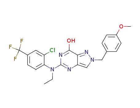 Molecular Structure of 916065-22-0 (7H-Pyrazolo[4,3-d]pyrimidin-7-one,
5-[[2-chloro-4-(trifluoromethyl)phenyl]ethylamino]-2,6-dihydro-2-[(4-meth
oxyphenyl)methyl]-)