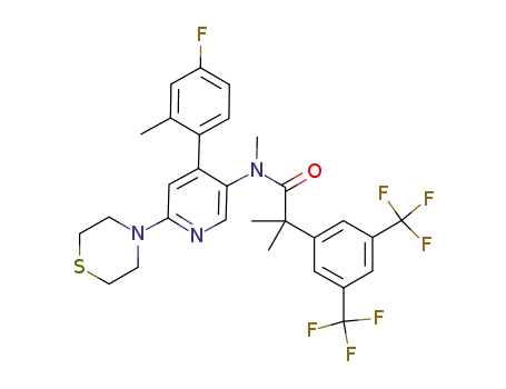 Molecular Structure of 733805-23-7 (2-(3,5-bis-trifluoromethyl-phenyl)-N-methyl-N-[4-(4-fluoro-2-methyl-phenyl)-6-thiomorpholin-4-yl-pyridin-3-yl]-isobutyramide)