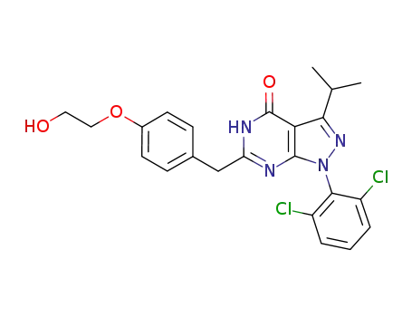 Molecular Structure of 784211-09-2 (4H-Pyrazolo[3,4-d]pyrimidin-4-one,
1-(2,6-dichlorophenyl)-1,5-dihydro-6-[[4-(2-hydroxyethoxy)phenyl]methyl]
-3-(1-methylethyl)-)