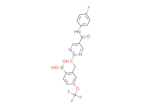 Molecular Structure of 1648843-04-2 ({2-[({5-[(4-fluorophenyl)carbamoyl]pyrimidin-2-yl}sulfanyl)methyl]-4-(trifluoromethoxy)phenyl}boronic acid)