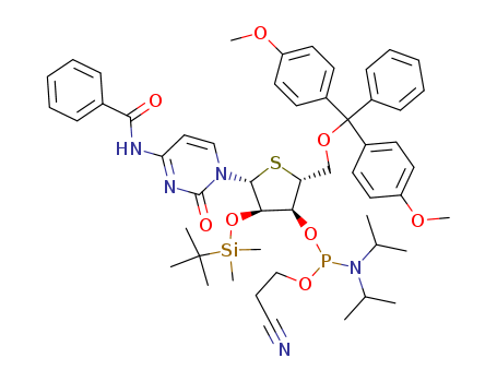Molecular Structure of 172531-76-9 (Cytidine,
N-benzoyl-5'-O-[bis(4-methoxyphenyl)phenylmethyl]-2'-O-[(1,1-dimethyl
ethyl)dimethylsilyl]-4'-thio-, 3'-[2-cyanoethyl
bis(1-methylethyl)phosphoramidite])