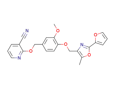 Molecular Structure of 441357-49-9 (3-cyano-2-[4-[[2-(furan-2-yl)-5-methyl-4-oxazolyl]methoxy]-
3-methoxybenzyloxy]pyridine)