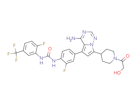 Molecular Structure of 939965-86-3 (N-4-[4-amino-7-(1-glycoloylpiperidin-4-yl)pyrrolo[2,1-f][1,2,4]triazin-5-yl]-2-fluorophenyl-N'-[2-fluoro-5-(trifluoromethyl)phenyl]urea)