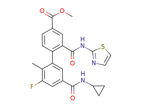 Molecular Structure of 913002-79-6 (methyl 5'-[(cyclopropylamino)carbonyl]-3'-fluoro-2'-methyl-2-[(1,3-thiazol-2-ylamino)carbonyl]-4-biphenylcarboxylate)