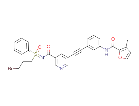 Molecular Structure of 1027727-66-7 ((S)-N-[(3-bromo-propyl)(oxido)phenyl-λ<sup>4</sup>-sulfanylidene]-5-({3-[(3-methyl-2-furoyl)amino]phenyl}ethynyl)nicotinamide)