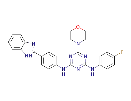 Molecular Structure of 1807988-47-1 (N<sup>2</sup>-(4-(1H-benzo[d]imidazol-2-yl)phenyl)-N<sup>4</sup>-(4-fluorophenyl)-6-morpholino-1,3,5-triazine-2,4-diamine)