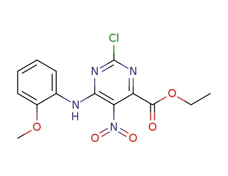 Molecular Structure of 1022157-41-0 (ethyl 2-chloro-6-(2-methoxyphenylamino)-5-nitropyrimidine-4-carboxylate)