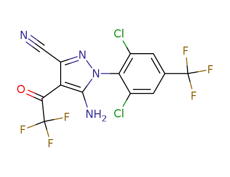 Molecular Structure of 185615-02-5 (1H-Pyrazole-3-carbonitrile,
5-amino-1-[2,6-dichloro-4-(trifluoromethyl)phenyl]-4-(trifluoroacetyl)-)
