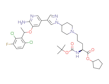 Molecular Structure of 1023327-90-3 (cyclopentyl 5-(4-(4-(6-amino-5-(1-(2,6-dichloro-3-fluorophenyl)-ethoxy)pyridin-3-yl)-1H-pyrazol-1-yl)piperidin-1-yl)-N-tert-butoxycarbonyl-L-norvalinate)