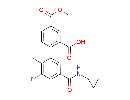 Molecular Structure of 913002-78-5 (5'-[(cyclopropylamino)carbonyl]-3'-fluoro-2'-methyl-4-[(methyloxy)carbonyl]-2-biphenylcarboxylic acid)