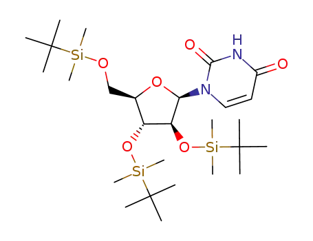 Molecular Structure of 87418-88-0 (1-[(2R,3S,4R,5R)-3,4-Bis-(tert-butyl-dimethyl-silanyloxy)-5-(tert-butyl-dimethyl-silanyloxymethyl)-tetrahydro-furan-2-yl]-1H-pyrimidine-2,4-dione)
