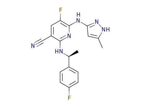 Molecular Structure of 905586-69-8 (5-Fluoro-2-[[(1S)-1-(4-fluorophenyl)ethyl]amino]-6-[(5-methyl-1H-pyrazol-3-yl)amino]-3-pyridinecarbonitrile)