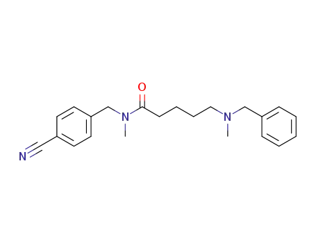 Molecular Structure of 633699-39-5 (Pentanamide,
N-[(4-cyanophenyl)methyl]-N-methyl-5-[methyl(phenylmethyl)amino]-)