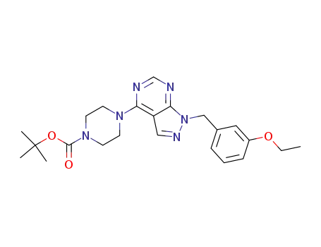 Molecular Structure of 874383-05-8 (1-Piperazinecarboxylic acid,
4-[1-[(3-ethoxyphenyl)methyl]-1H-pyrazolo[3,4-d]pyrimidin-4-yl]-,
1,1-dimethylethyl ester)