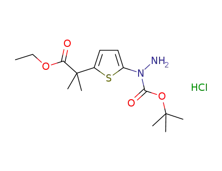 Molecular Structure of 666852-75-1 (Hydrazinecarboxylic acid,
1-[5-(2-ethoxy-1,1-dimethyl-2-oxoethyl)-2-thienyl]-, 1,1-dimethylethyl
ester, monohydrochloride)