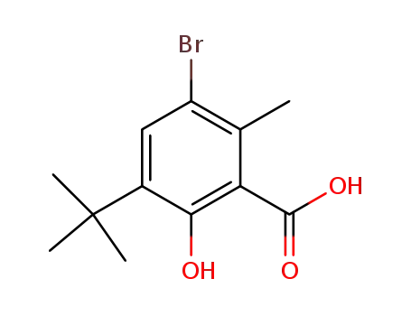 Molecular Structure of 59889-29-1 (BENZOIC ACID, 3-BROMO-5-(1,1-DIMETHYLETHYL)-6-HYDROXY-2-METHYL-)