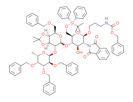 Molecular Structure of 1334630-94-2 (3-(benzyloxycarbonylamino)propyl O-(2,3,4-tri-O-benzyl-α-L-fucopyranosyl)-(1→2)-O-(6-O-benzyl-3,4-O-isopropylidene-β-D-galactopyranosyl)-(1→4)-6-O-t-butyldiphenylsilyl-2-deoxy-2-phthalimido-β-D-glucopyranoside)