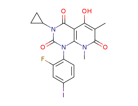 Molecular Structure of 871700-24-2 (3-cyclopropyl-1-(2-fluoro-4-iodophenyl)-5-hydroxy-6,8-dimethylpyrido[2,3-d]pyrimidine-2,4,7(1H,3H,8H)-trione)