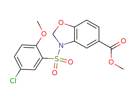 Molecular Structure of 946121-17-1 (3-(5-chloro-2-methoxy-benzenesulfonyl)-2,3-dihydro-benzooxazole-5-carboxylic acid methyl ester)
