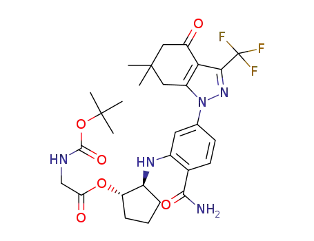 Molecular Structure of 1073969-87-5 ((1S,2S)-2-(2-carbamoyl-5-(6,6-dimethyl-4-oxo-3-(trifluoromethyl)-4,5,6,7-tetrahydro-1H-indazol-1-yl)phenylamino)cyclopentyl 2-(tert-butoxycarbonylamino)acetate)