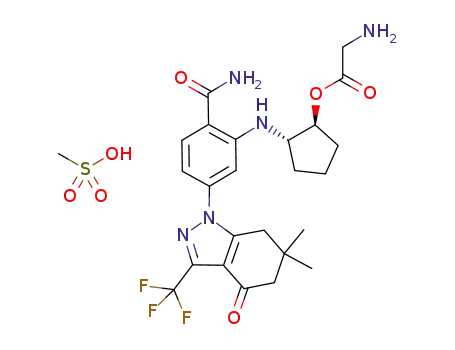 Molecular Structure of 1073969-68-2 ((1S,2S)-2-(2-carbamoyl-5-(6,6-dimethyl-4-oxo-3-(trifluoromethyl)-4,5,6,7-tetrahydro-1H-indazol-1-yl)phenylamino)cyclopentyl 2-aminoacetate methanesulfonate)