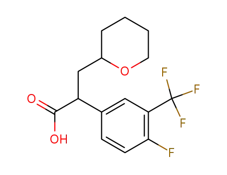 Molecular Structure of 625112-88-1 (2-(4-fluoro-3-trifluoromethyl-phenyl)-3-(tetrahydro-pyran-2-yl)-propionic acid)