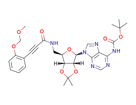 Molecular Structure of 939794-50-0 (tert-butyl 9-((3aR,4R,6R,6aR)-6-((3-(2-(methoxymethoxy)phenyl)propiolamido)methyl)-2,2-dimethyltetrahydrofuro[3,4-d][1,3]dioxol-4-yl)-9H-purin-6-ylcarbamate)