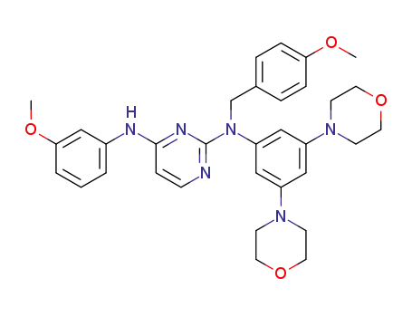 Molecular Structure of 1051899-64-9 (N<sub>2</sub>-(3,5-dimorpholinophenyl)-N<sub>2</sub>-(4-methoxybenzyl)-N<sub>4</sub>-(3-methoxyphenyl)pyrimidine-2,4-diamine)
