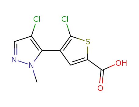 Molecular Structure of 1047630-61-4 (2-Thiophenecarboxylic acid, 5-chloro-4-(4-chloro-1-methyl-1H-pyrazol-5-yl)-)