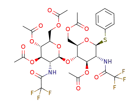 Molecular Structure of 1092578-22-7 (phenyl-4-O-(2-trifluoracetamido-2-deoxy-3,4,6-tri-O-acetyl-D-glucopyranosyl)-2-trifluoracetamido-2-deoxy-3,6-di-O-acetyl-1-thio-D-glucopyranoside)