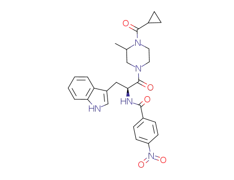 Molecular Structure of 804499-09-0 (Benzamide,
N-[(1S)-2-[4-(cyclopropylcarbonyl)-3-methyl-1-piperazinyl]-1-(1H-indol-3
-ylmethyl)-2-oxoethyl]-4-nitro-)