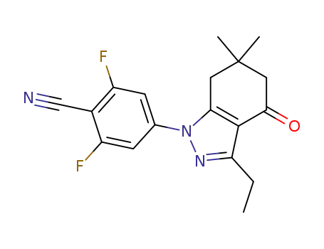 Molecular Structure of 1073973-06-4 (4-(3-ethyl-6,6-dimethyl-4-oxo-4,5,6,7-tetrahydro-indazol-1-yl)-2,6-difluoro-benzonitrile)