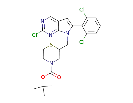 Molecular Structure of 1190707-76-6 (tert-butyl 2-((2-chloro-6-(2,6-dichlorophenyl)-7H-pyrrolo[2,3-d]pyrimidin-7-yl)methyl)thiomorpholine-4-carboxylate)