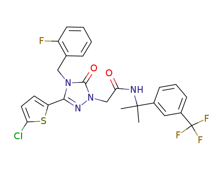 Molecular Structure of 959133-15-4 (2-[3-(5-chlorothiophen-2-yl)-4-(2-fluorobenzyl)-5-oxo-4,5-dihydro-1H-1,2,4-triazol-1-yl]-N-[1-methyl-1-(3-trifluoromethyl-phenyl)ethyl]-acetamide)