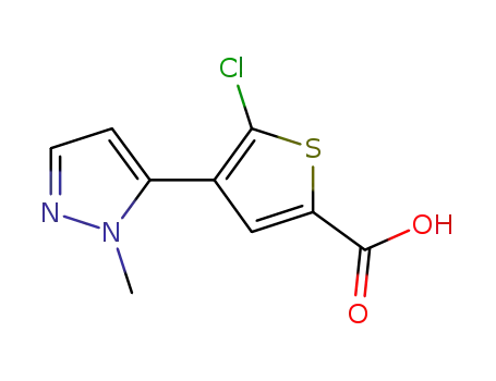 Molecular Structure of 1047630-55-6 (5-chloro-4-(1-methyl-1H-pyrazol-5-yl)thiophene-2-carboxylic acid)