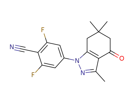 Molecular Structure of 1073973-05-3 ((2,6-difluoro-4-(3,6,6-trimethyl-4-oxo-4,5,6,7-tetrahydro-1H-indazol-1-yl)benzonitrile))