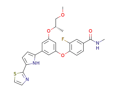 Molecular Structure of 1177418-90-4 (3-fluoro-4-{3-[(1S)-2-methoxy-1-methylethoxy]-5-[5-(1,3-thiazol-2-yl)-1H-pyrrol-2-yl]phenoxy}-N-methylbenzamide)
