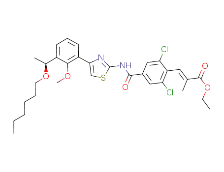 Molecular Structure of 1110768-00-7 ((S,E)-3-(2,6-dichloro-4-((4-(3-(1-(hexyloxy)ethyl)-2-methoxyphenyl)thiazol-2-yl)carbamoyl)phenyl)-2-methylacrylic acid)
