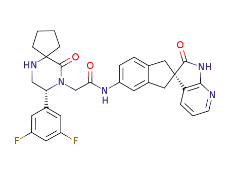 Molecular Structure of 957118-49-9 ((8R)-8-(3,5-Difluorophenyl)-10-oxo-N-[(2R)-1,1',2',3-tetrahydro-2'-oxospiro[2H-indene-2,3'-[3H]pyrrolo[2,3-b]pyridin]-5-yl]-6,9-diazaspiro[4.5]decane-9-acetamide)